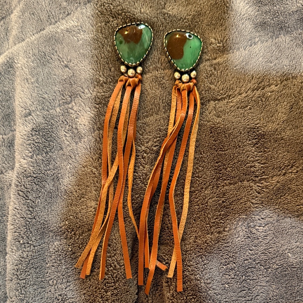 Elegant Silver, Green and Brown leather Dangle Earrings.